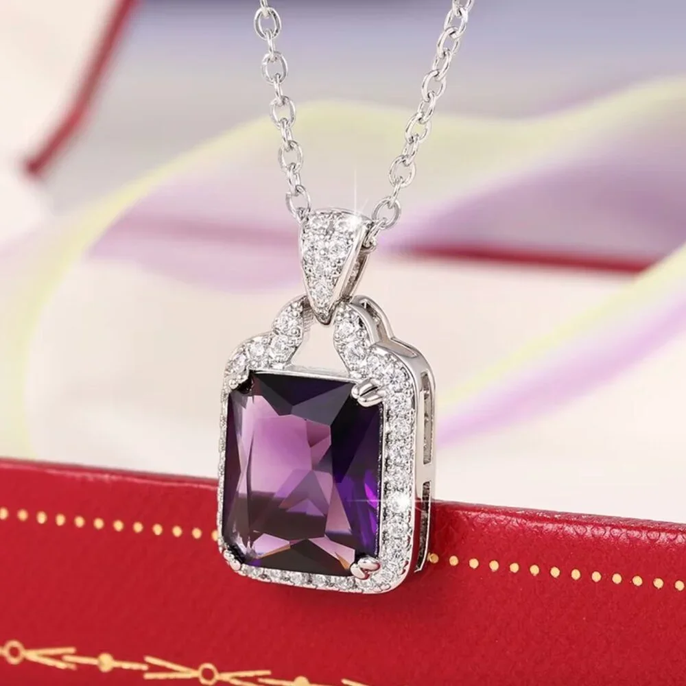 NEW 18k White Gold Purple Amethyst Diamond Pendant Necklace